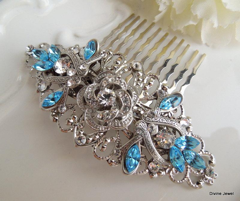 Свадьба - Bridal Rhinestone Hair Comb, Wedding Rhinestone Hair Comb, Rose Rhinestone Hair Comb, Swarovski Crystals,Something Blue Hair Comb,ROSELANI