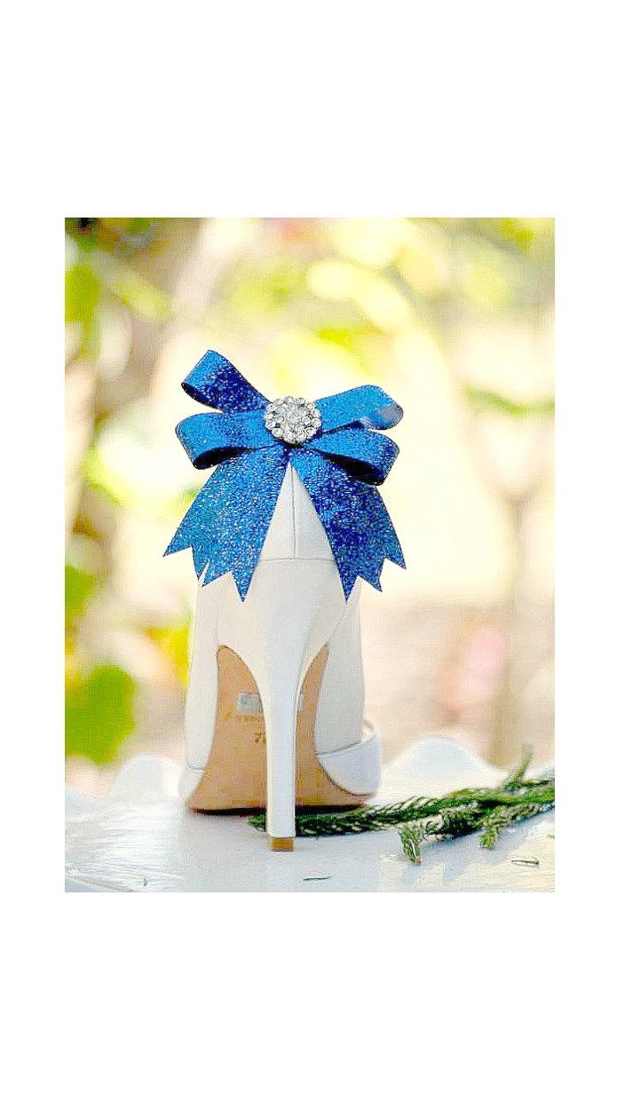 Hochzeit - Something Royal Blue Bow Shoe Clips. Sparkly & Metallic Fuschia Golden Gold Red. Fashion Couture Rhinestone Glitter Glittery Ribbon Shoe Pin