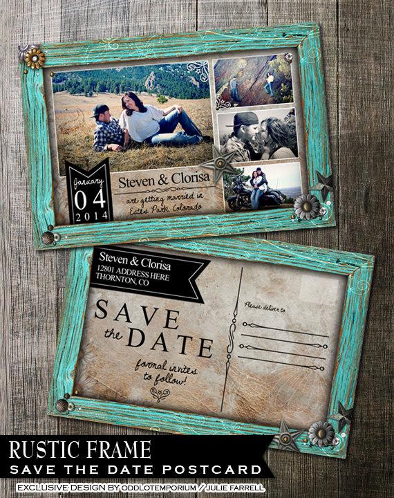 Свадьба - Rustic Wedding Save the Date, Rustic Turquoise Frame, Photo Save the Date Postcard, DIY Printable Postcard Save the Date Announcement
