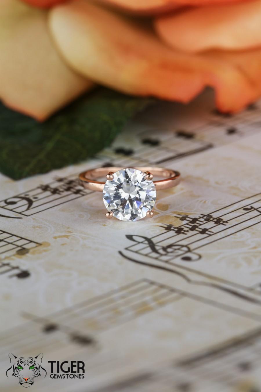 زفاف - 3 Carat, 4 Prong, 9mm Solitaire Engagement Ring, Round Man Made Diamond Simulant, Wedding Ring, Bridal, Sterling Silver, Rose Gold Plated