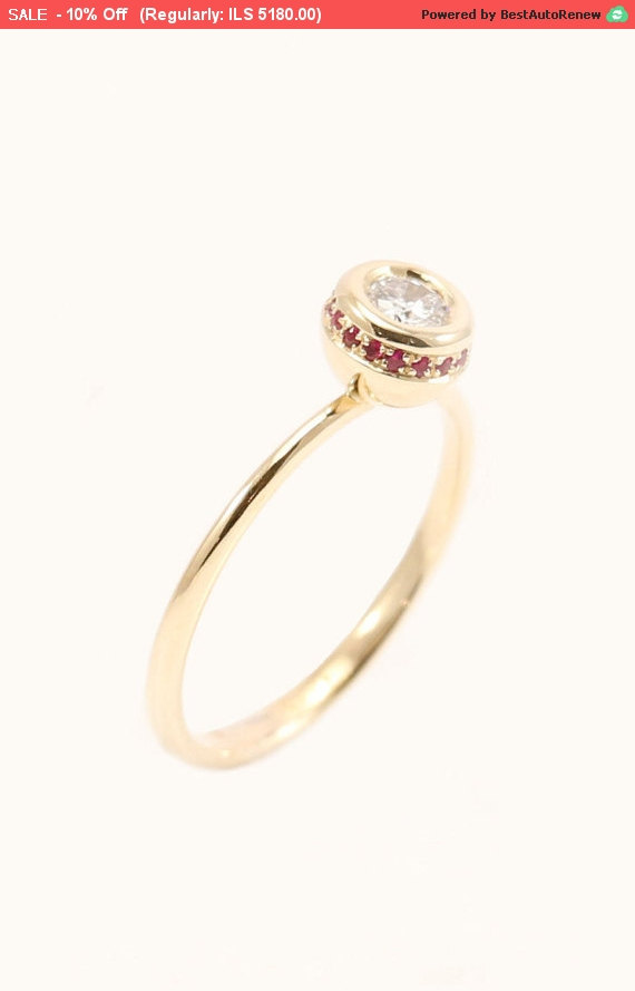 زفاف - Diamond Engagement Ring with Pave Ruby Crown, 0.25 Carat Diamond Engagement Ring, Available in 18k or 14k Solid Gold, existent in size 7.5.
