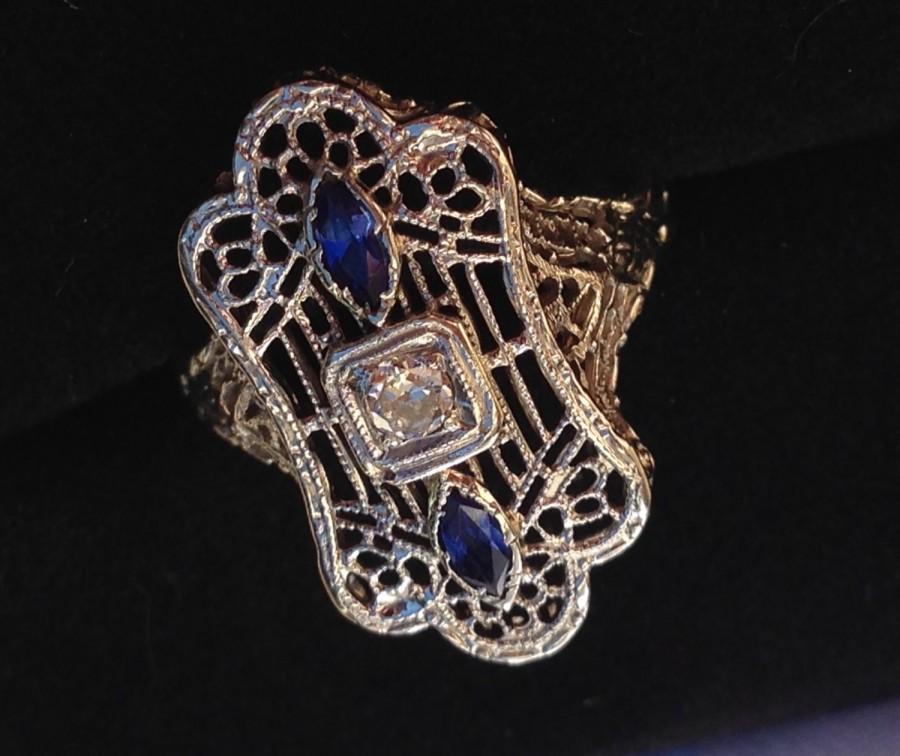 زفاف - 1920's Diamond and Sapphire Engagement Ring 18k White Gold BIG HOLIDAY SALE