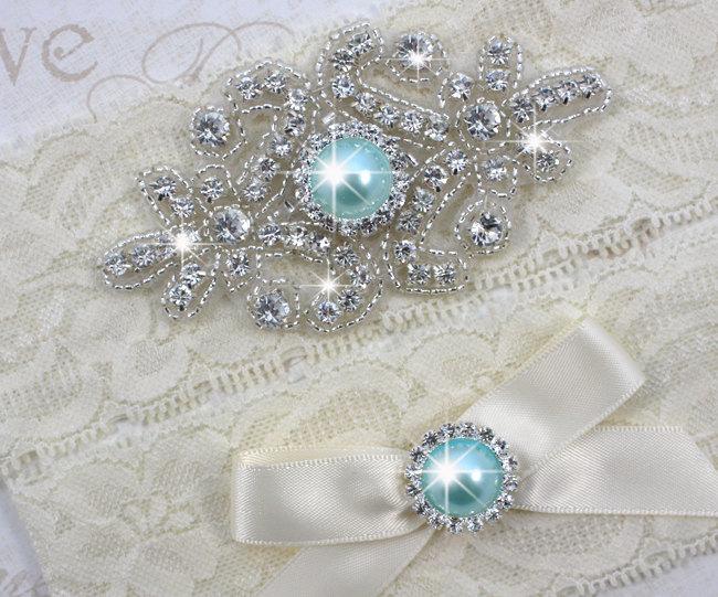 Mariage - SALE - RACHEL - Aqua Blue Pearl Wedding Garter Set, Wedding Stretch Lace Garter, Rhinestone Crystal Bridal Garters, Something Blue