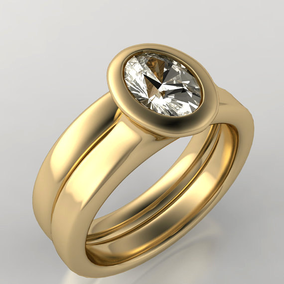زفاف - Bridal Set Oval Moissanite Bezel Solitaire Engagement Ring and Wedding Band, 14k Yellow Gold, Forever Brilliant Moissanite Ring