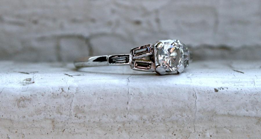 Hochzeit - Gorgeous Vintage Art Deco Platinum Diamond Engagement Ring with Baguettes - 0.75ct.