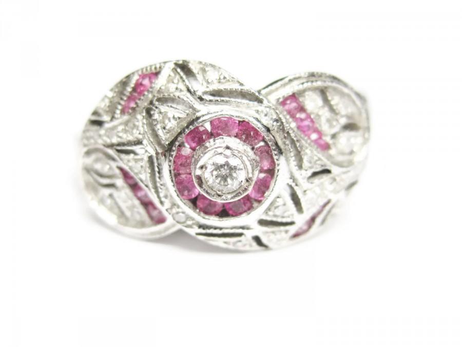 زفاف - Vintage Pink Ruby and Diamond Engagement Ring 14K White Gold Size 7.5