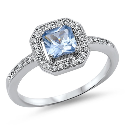 زفاف - Sterling Silver 1.20 Carat Princess Cut Square Aquamarine Round Russian Diamond CZ Clear Crystal Halo Wedding Engagement Anniversary Ring