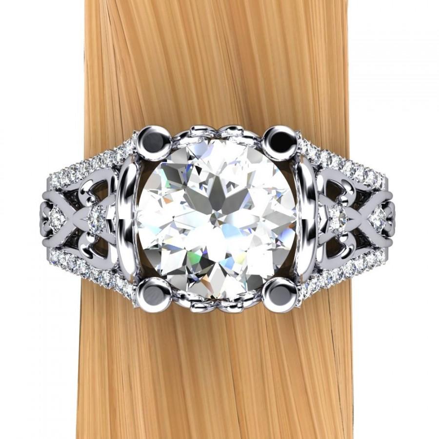 زفاف - Platinum Diamond Engagement Ring, 2 Carat Elaborate Filigree Design with Accent Diamonds, Inspired by Crown Jewelry - Free Gift Wrapping