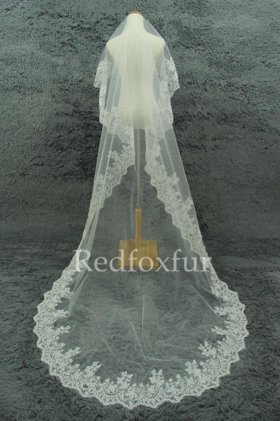 زفاف - Wedding, bride bridal veil, veil cathedral, Alencon lace Veil 2.8  meters veil, light ivory bridal veil,Wedding Accessories