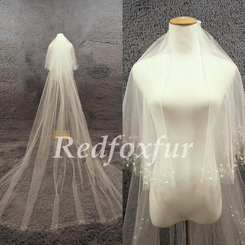 Hochzeit - 2T Cathedral Veil Ivory Bridal Veil Hand-beaded Veil Wedding dress veil 3m length veil Wedding Accessories With a comb