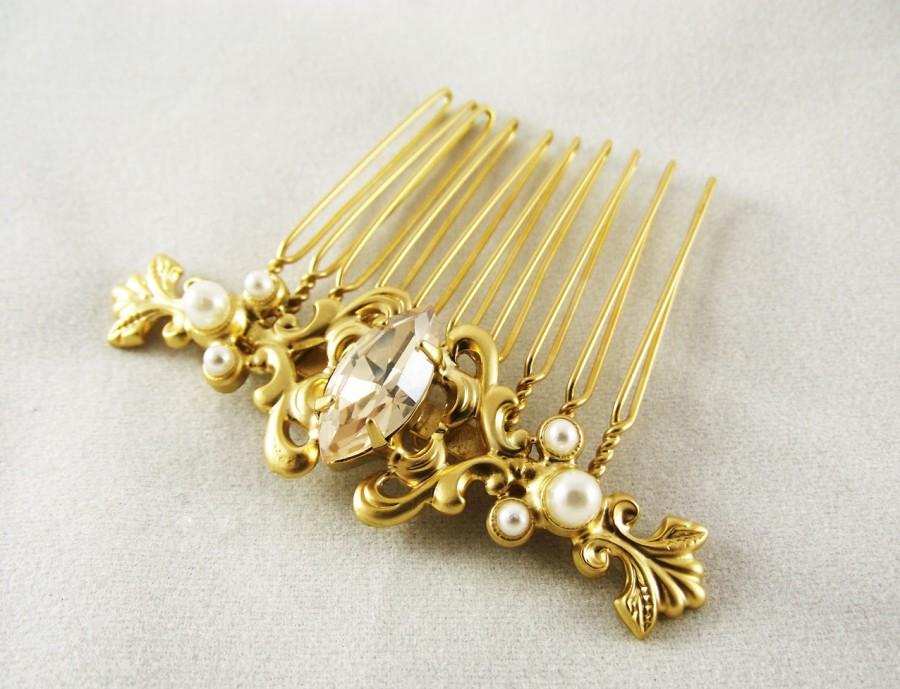 زفاف - Gold Hair Comb, Bridal hair accessories, Boho bride Wedding headpiece, Swarovski golden crystal comb, Gold hair piece, Bridal Hair Jewelry