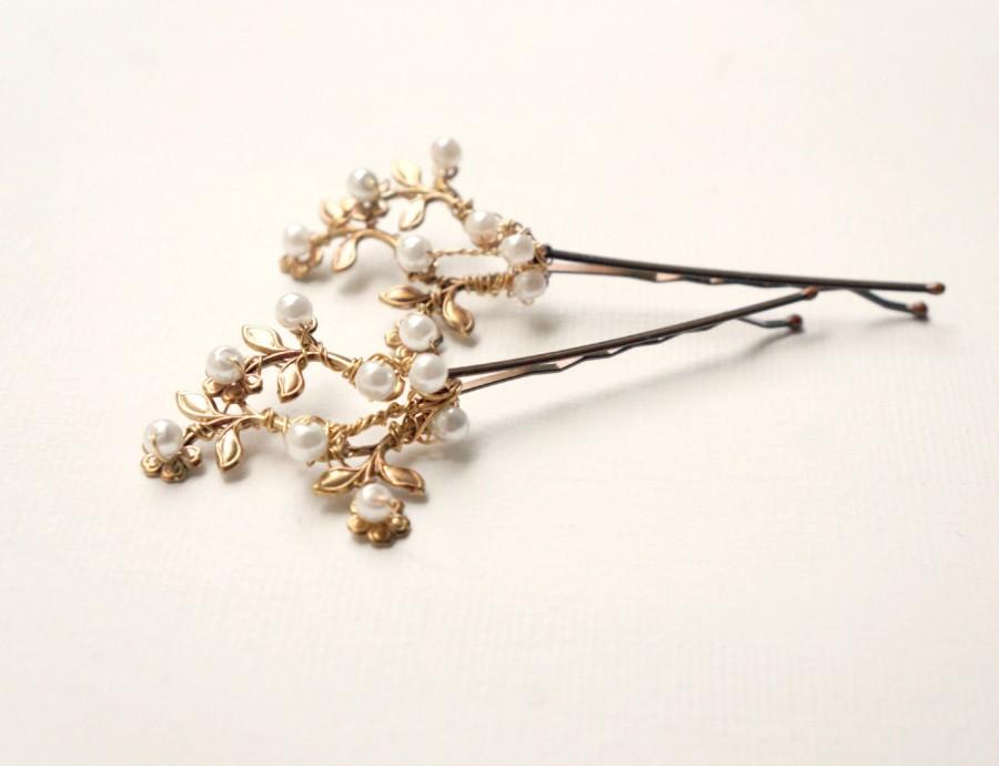 Wedding - Gold floral bridal hair clips, Pearl hair pins, Hair flowers, Gold with pearls floral bobby pins, Bridal vintage hair clips, Gold wedding