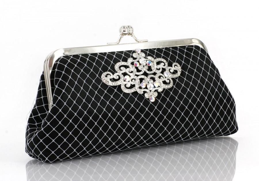 Wedding - Mother of the Bride Gift, Black Clutch with Rhinestone Geometric Brooch (lace cross) 8-inch PASSION ARTDECO