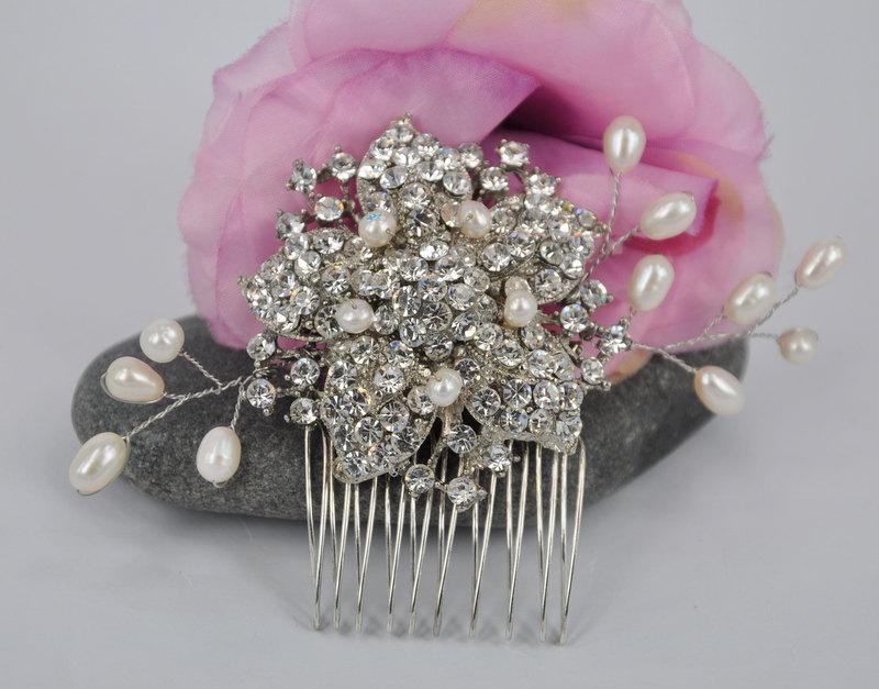 زفاف - Sakura Blossoms - Vintage style Rhinestone and Freshwater Pearl Bridal hair comb