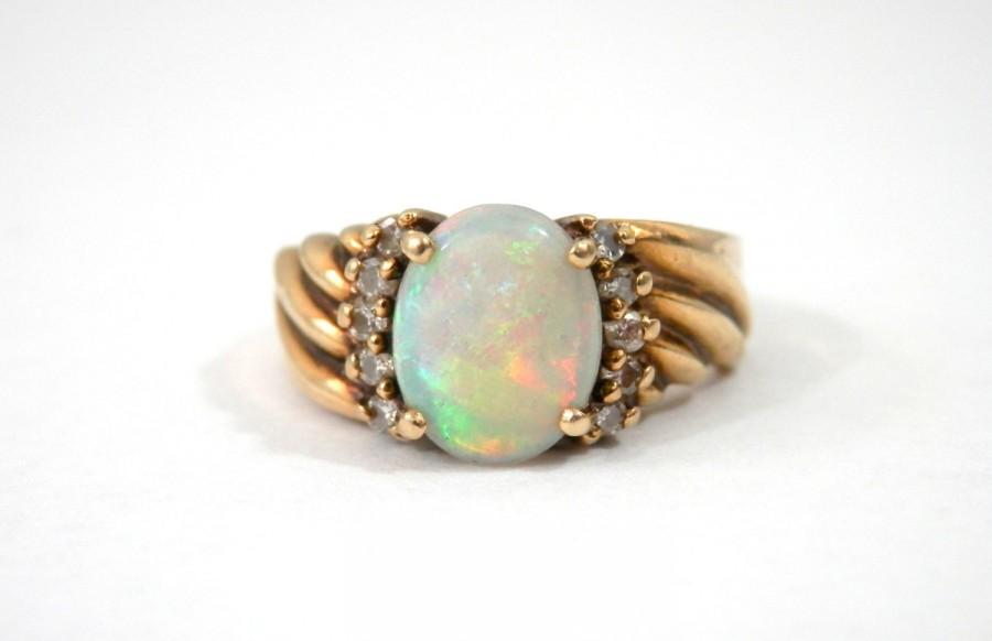 زفاف - Vintage 14K Opal and Diamond Pinkie Ring