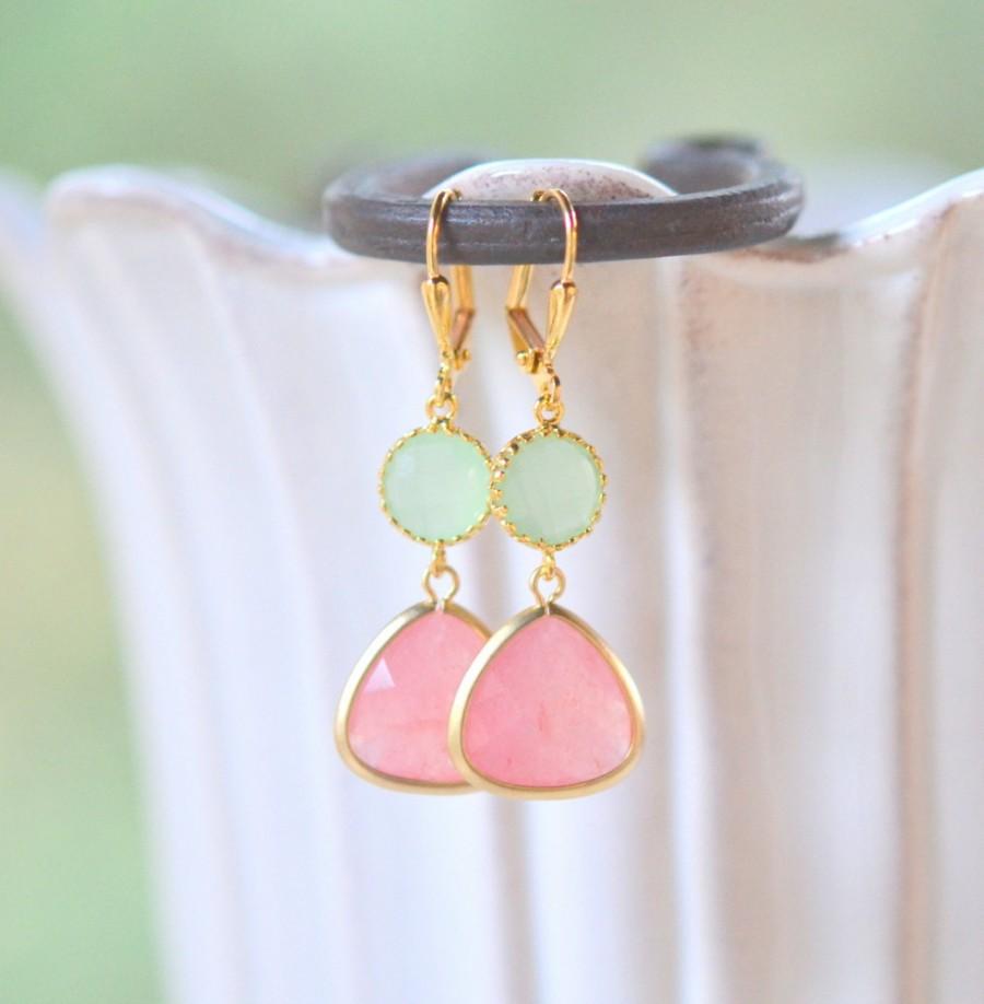 Hochzeit - Coral Pink Teardrop and Mint Dangle Earrings in Gold. Earrings. Drop Earrings. Coral Dangle Bridesmaid Earrings.