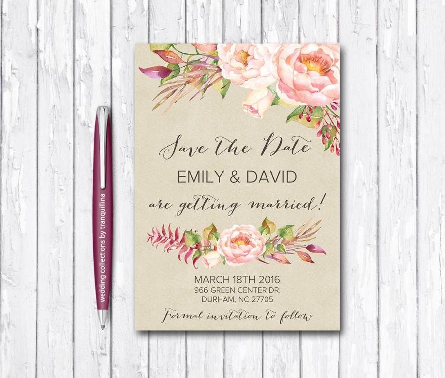 Wedding - Printable Save the Date Card, Boho Save the Date, Floral Save the Date Card Printable, Peonies Save the Date, Spring Save the Date Cards