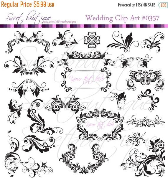 زفاف - Xmas SALE 23 Flourish Clip Art - Black Floral Clip Arts - Swirl clipart - Digital clipar 0357