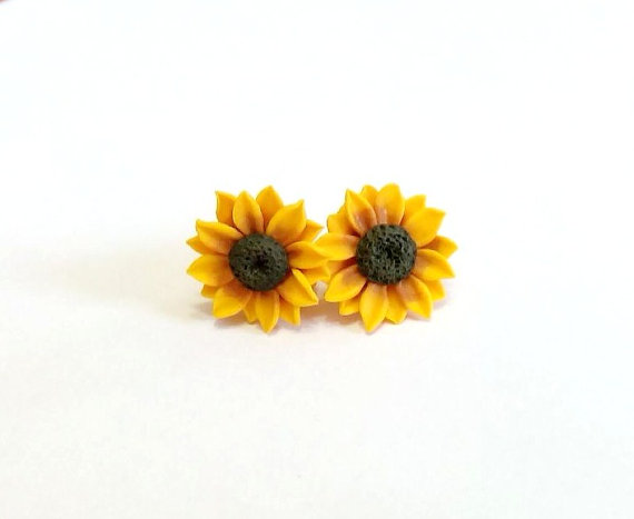 زفاف - Sunflower Stud Earrings, Summer Flower, Flower Earrings, Summer Jewelry. Yellow Flower Earrings