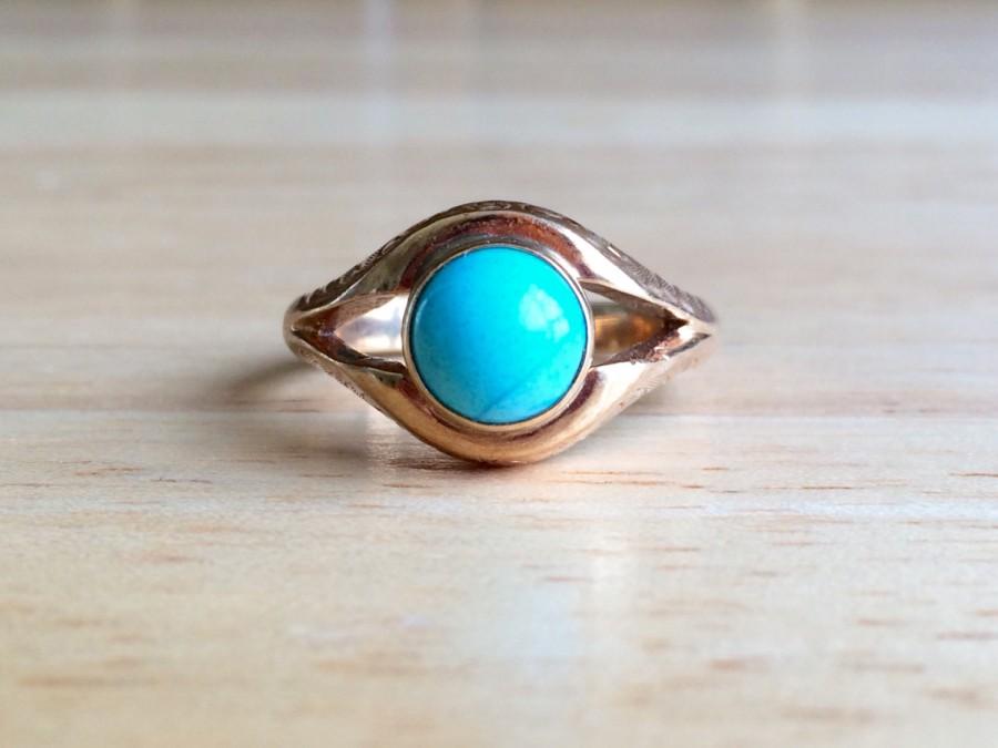 Wedding - Art Deco Turquoise Ring - Vintage 10kt Yellow Gold - Size 10 1/2 Sizeable Alternative Engagement Wedding Antique Cabochon Boho Fine Jewelry