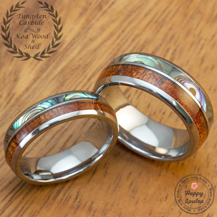 Hochzeit - Tungsten Carbide Pair Ring Set with Abalone Shell and Koa Wood Inlay (6 & 8mm width, Barrel shaped, Comfort fit)
