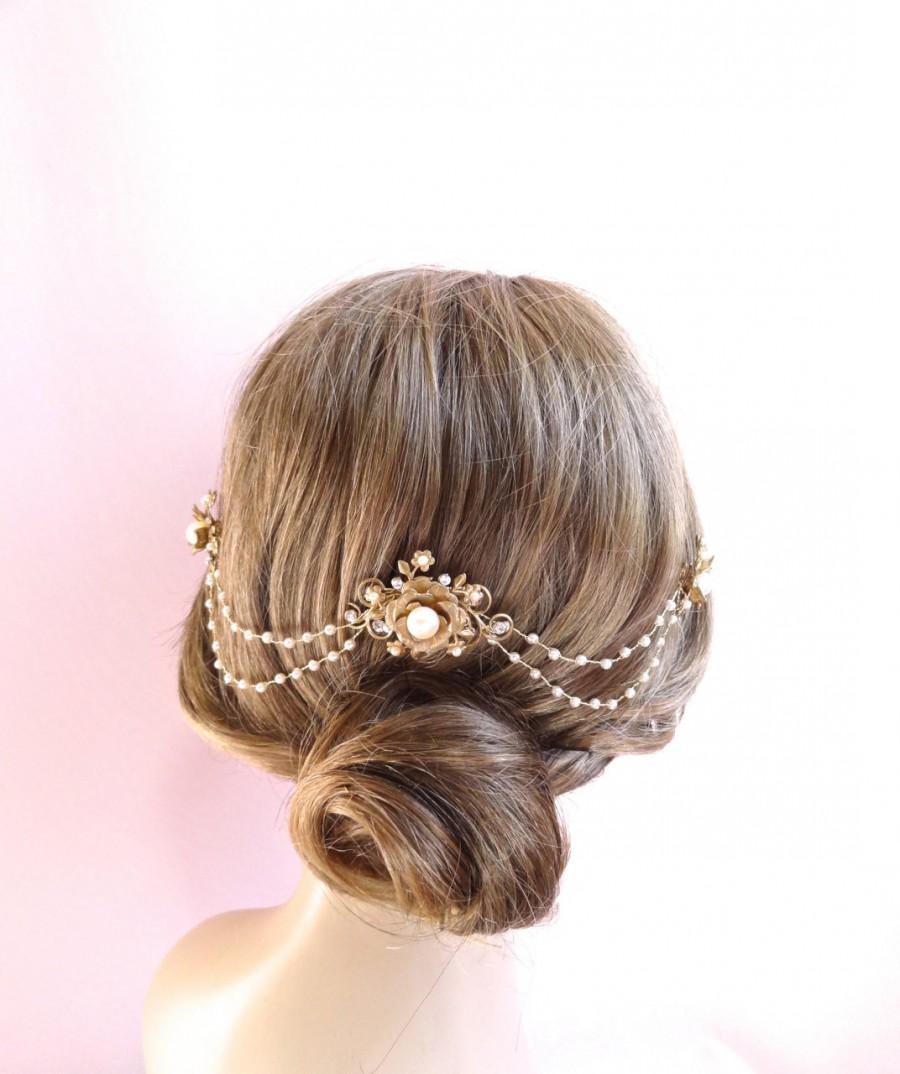 Hochzeit - Pearls and Crystal bridal headpiece, wedding hair chain, wedding hair piece accessories, bridal hair jewelry Style 315