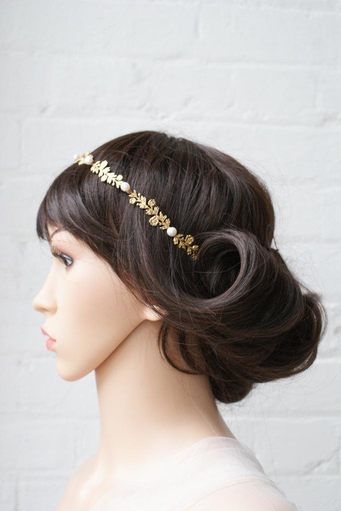 زفاف - Gold Wedding Headpiece with pearls and leaves - Gold Circlet, wreath -Bridal Hair accessory - Bohemian Wedding headpiece -UK