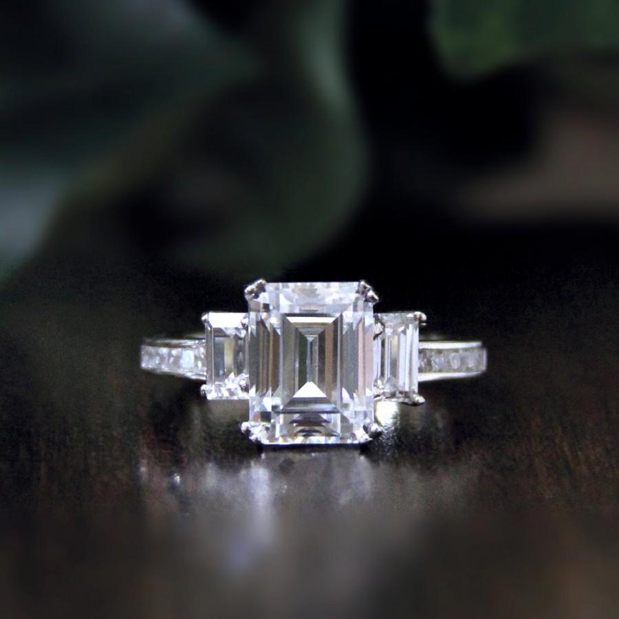 زفاف - 3.36 ct.tw, Emerald Cut Diamond Simulant Engagement Ring, Baguette Cut//Anniversary, Promise Ring-925 Sterling Silver-R33714
