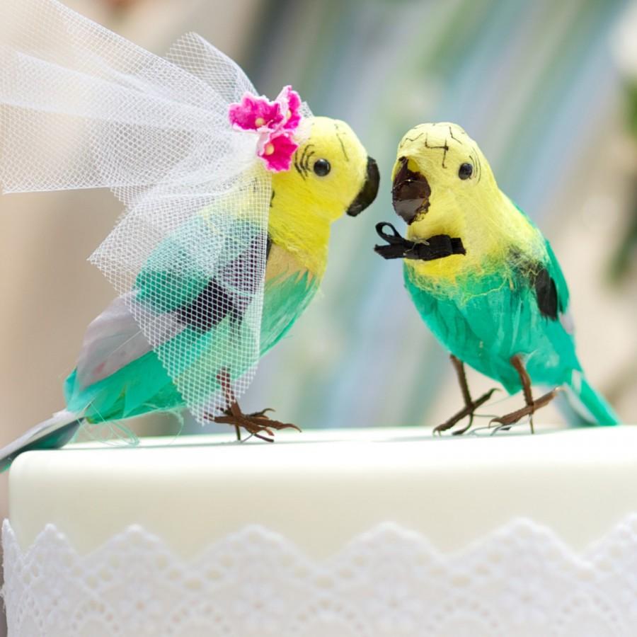 Wedding - Budgie Cake Topper in Aqua Green and Yellow: Bride and Groom Tropical Love Bird Cake Topper -- LoveNesting Wedding Cake Toppers