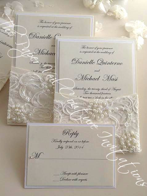 Hochzeit - Gia - Vintage Pearl and Sequin Lace Couture Panel-Pocket Wedding Invitation w/ RSVP card - Cream and Ivory