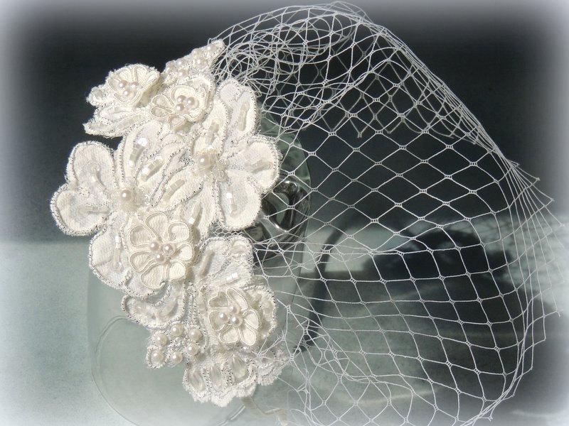 زفاف - Bridal Blusher Birdcage with Wedding White Lace Headband, Bridal headpiece, wedding hair accessories
