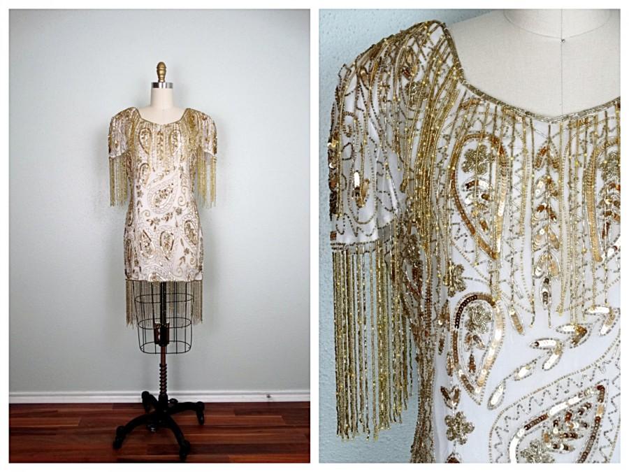 زفاف - Gold Fringed Beaded Sequin Dress // Fringe Gatsby Flapper Dress // Gold Embellished Mini Dress M