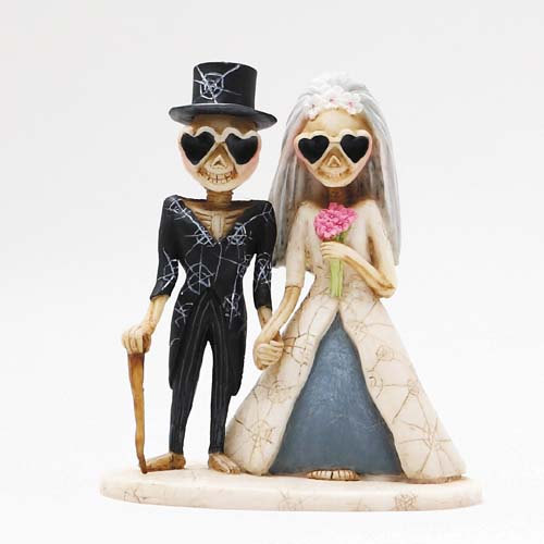 Wedding - Halloween Love Never Dies Bride and Groom in Heart Glasses Day of the Dead Gothic Wedding Cake Toppers -Painted Resin Romantic Figurines-R3C