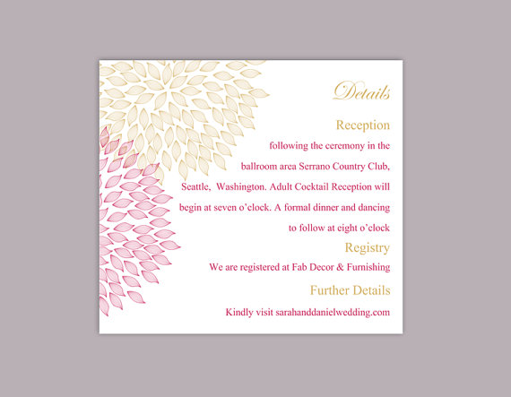 Hochzeit - DIY Wedding Details Card Template Editable Text Word File Download Printable Details Card Pink Gold Details Card Floral Enclosure Cards