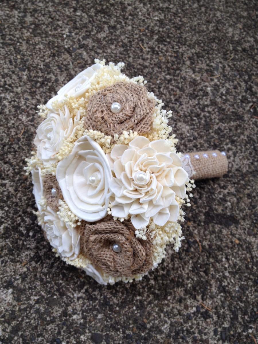 Hochzeit - Rustic, Natural Burlap and Ivory Sola Flower Bride or Bridesmaid's Bouquet