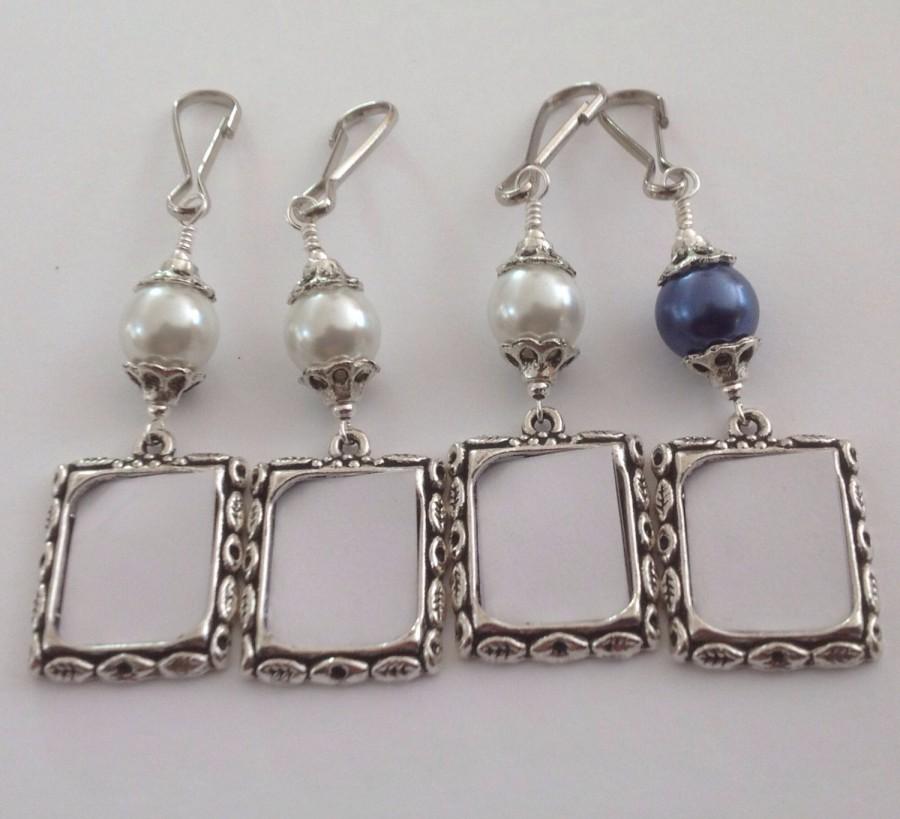 Wedding - Wedding bouquet photo charms. Pearl memorial charms. Small frames for a bridal bouquet. Bridesmaid gift. Wedding keepsakes white or blue.