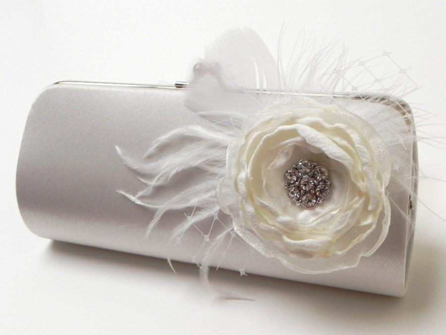 زفاف - Bridal Clutch Off White -  Bridesmaid Clutch - Feather Clutch With Rhinstones - Kisslock Snap Bouquet Clutch -