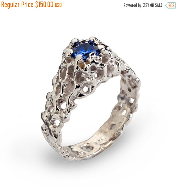 Wedding - Christmas SALE - CORAL Blue Sapphire Engagement Ring, Sapphire Solitaire Ring, Blue Sapphire Ring, Organic Silver Sapphire Ring