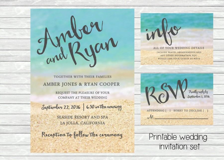 Hochzeit - Beach wedding invitation. Ocean and sand in the background. Printable file. JPG or PDF available. Tropical, beach wedding theme.