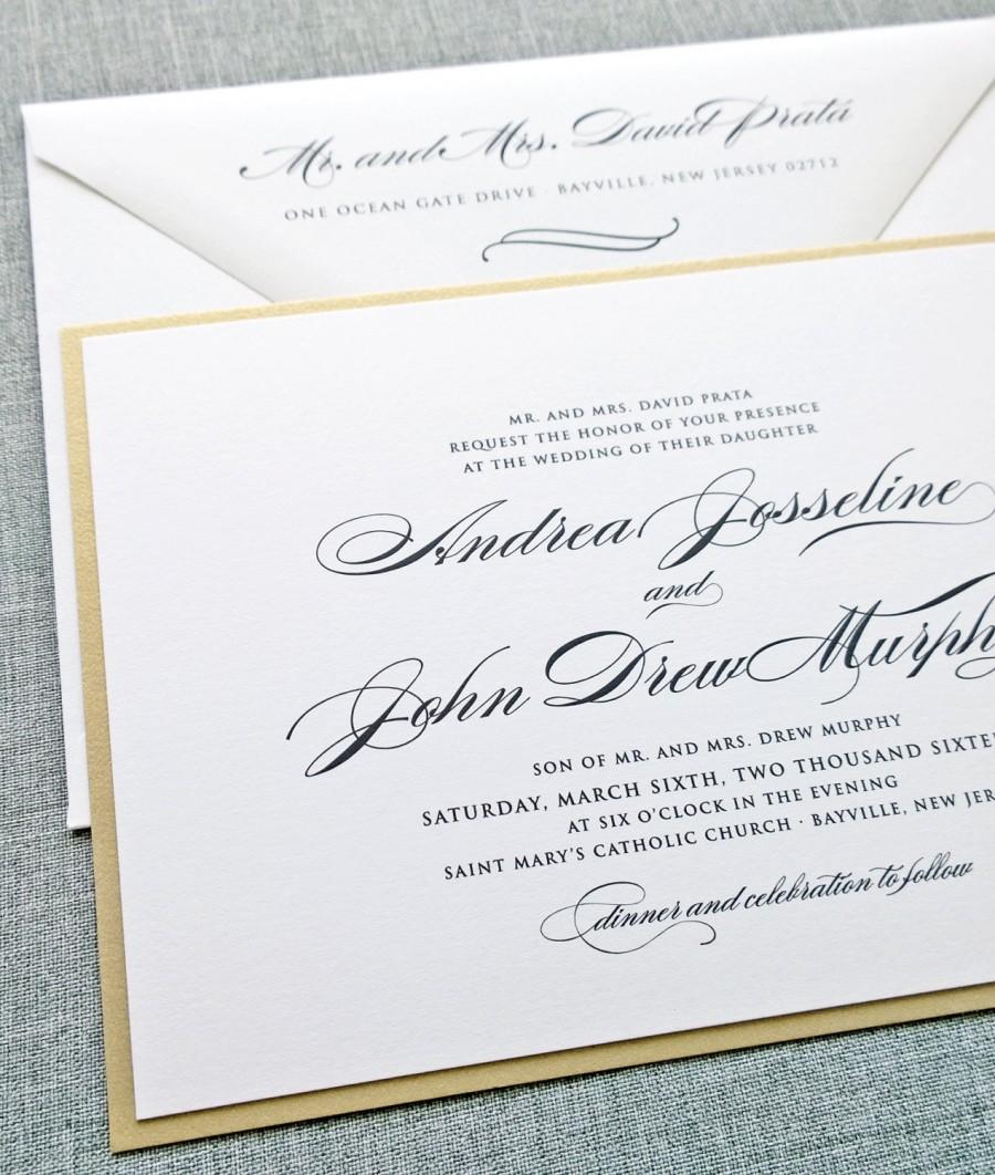 Hochzeit - Andrea Script Metallic Gold Layered Wedding Invitation Sample - Elegant Classic Formal Wedding Invitation