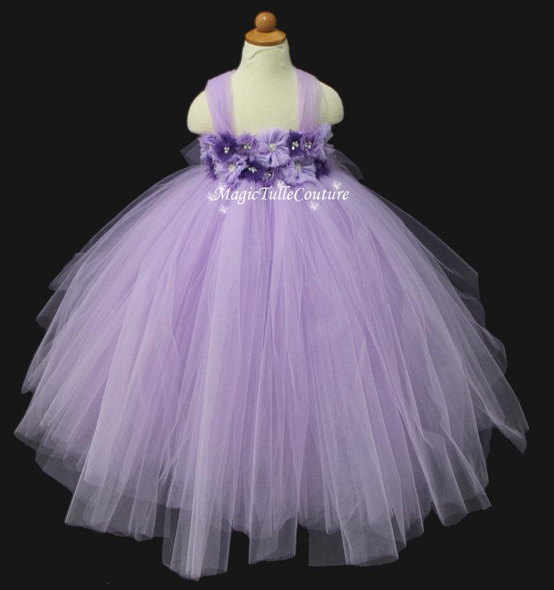 Wedding - Crystal and Rhinestone Violet and Purple Flower Girl Tutu Dress Tulle Dress Light Purple Tutu Dress