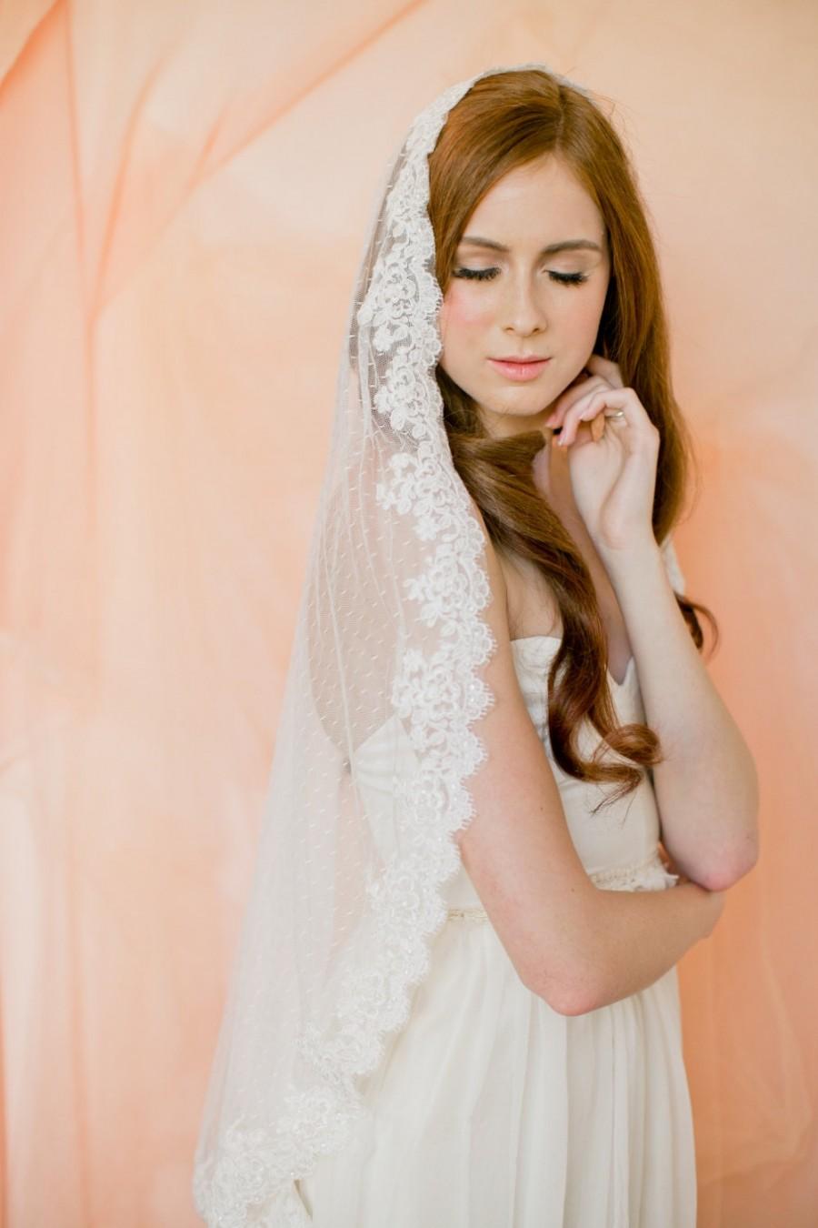 Wedding - Bridal veil- Mantilla veil- Point d'Espirit veil-polka dot veil-wedding veil-fingertip veil- lace veil-beaded veil- style 130