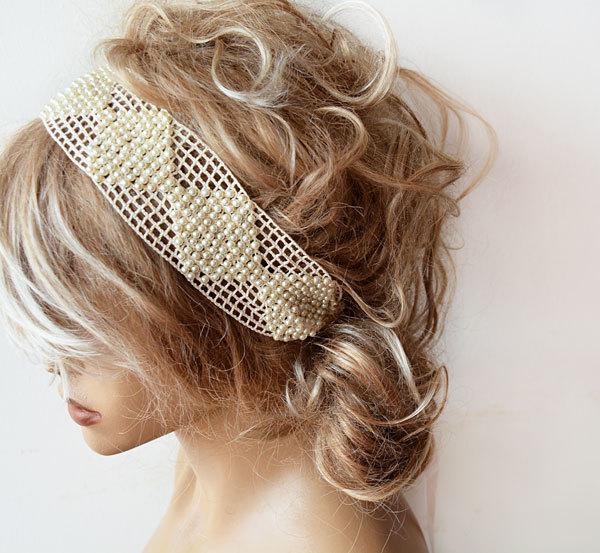 زفاف - Wedding Pearl Headband,  Bridal Hair Accessory, Wedding Hair Accessories,  Lace ivory Pearl, Bridal Pearl Headband