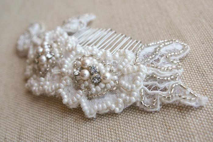 Wedding - Bridal Hair Comb Beaded Lace Comb Lace Bridal Hair Accessories Wedding Comb Lace Bridal Hairpiece Silver Ivory Pearls Crystals Headpiece
