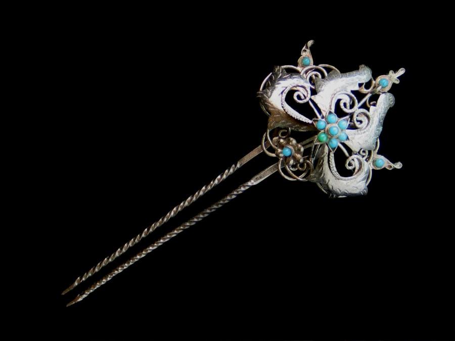 Hochzeit - Vintage Bridal Hair Pin/Indonesian/Wedding Ceremony/Turquoise Glass Stones, Silvertone/Bejeweled/Exotic/Bohemian/Bride/Gift for Her