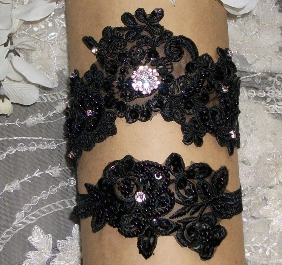Wedding - Black Lace Garter,Beaded Garter,Black Garter Set,Bridal Garter,Rhinestone Garter,Garter,Plus Size Garter,Plus Size Garter