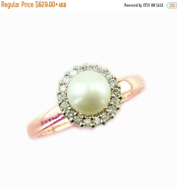 زفاف - Christmas SALE Pearl Engagement Ring, Unique Pearl Ring, Pearl and Diamond Ring, 14K Rose Gold Wedding Band, Bridal Ring, Fast Free Shipping