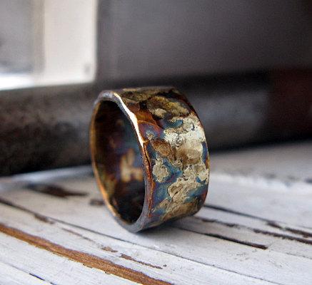 Wedding - Rustic Mens Wedding Band Oxidized Sterling Silver and Yellow Gold 10mm Hammered Texture Mens Wedding Ring or Commitment Ring