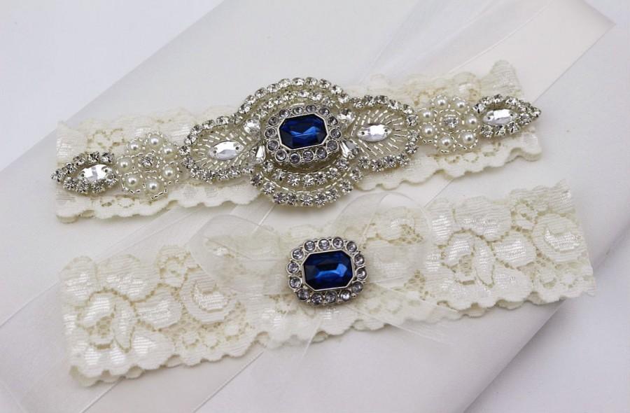 Hochzeit - Something Blue Wedding Garter Set  , Rhinestone and Crystal Garter, Lace Bridal Garter , Wedding Garter ,Lace Garter