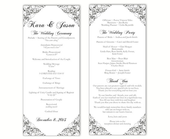 Свадьба - Wedding Program Template DIY Editable Word File Instant Download Program Gray Silver Program Floral Program Printable Wedding Program 4x9.25